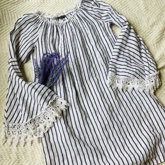 Lungo La’rno Striped Linen Dress W/ Bell Sleeves & Lace Detail Size S 100% Linen - Picture 7 of 10